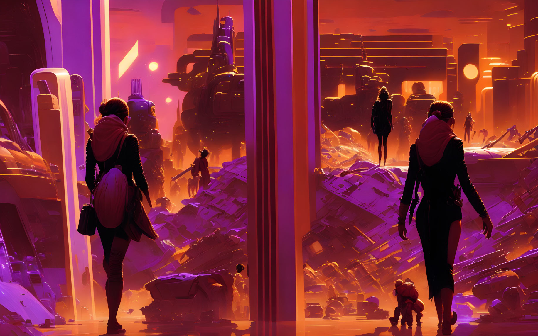 Futuristic cityscape with two individuals, a small robot, and sunset colors