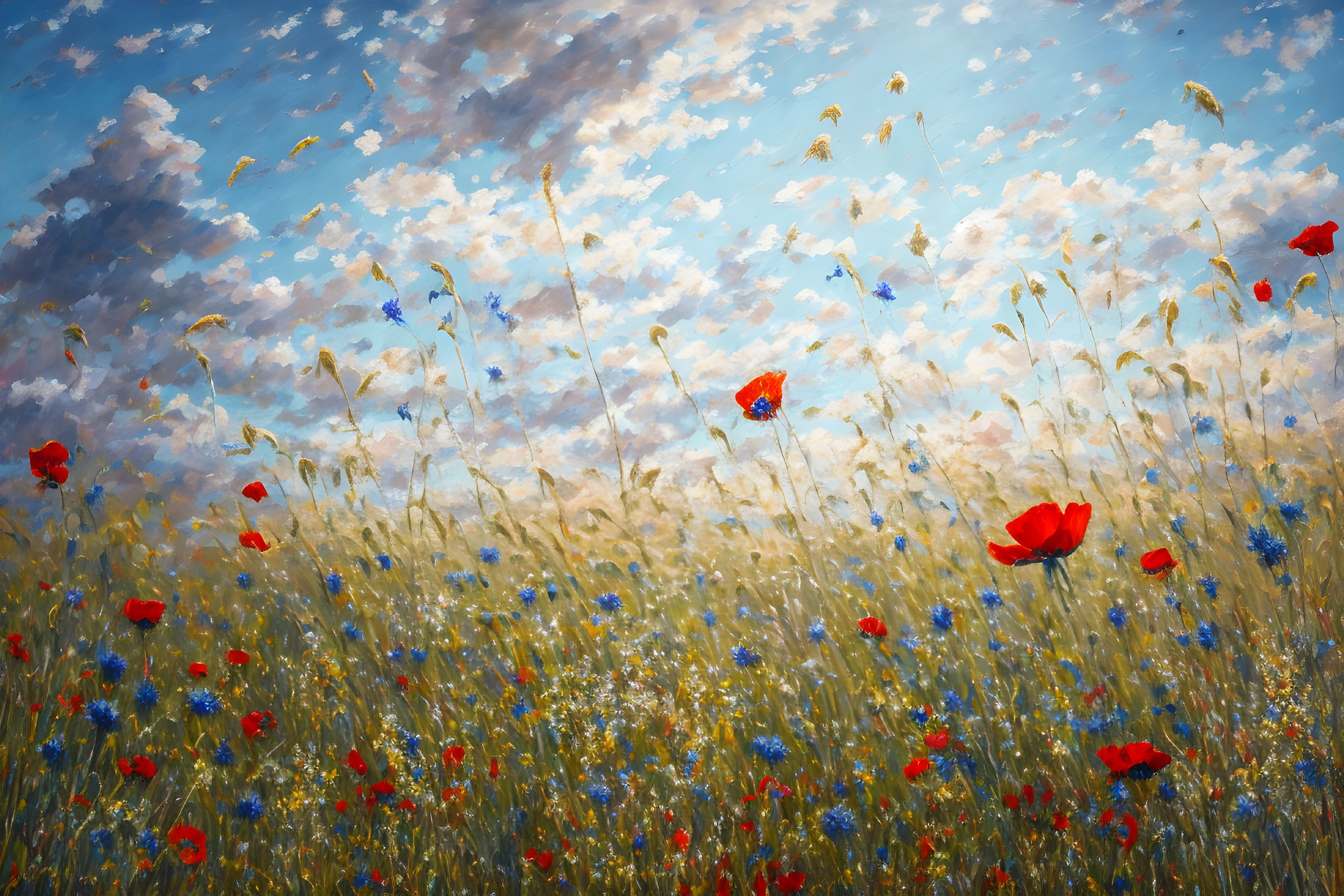 Colorful field painting with tall grass, red and blue wildflowers, and fluffy cloud sky