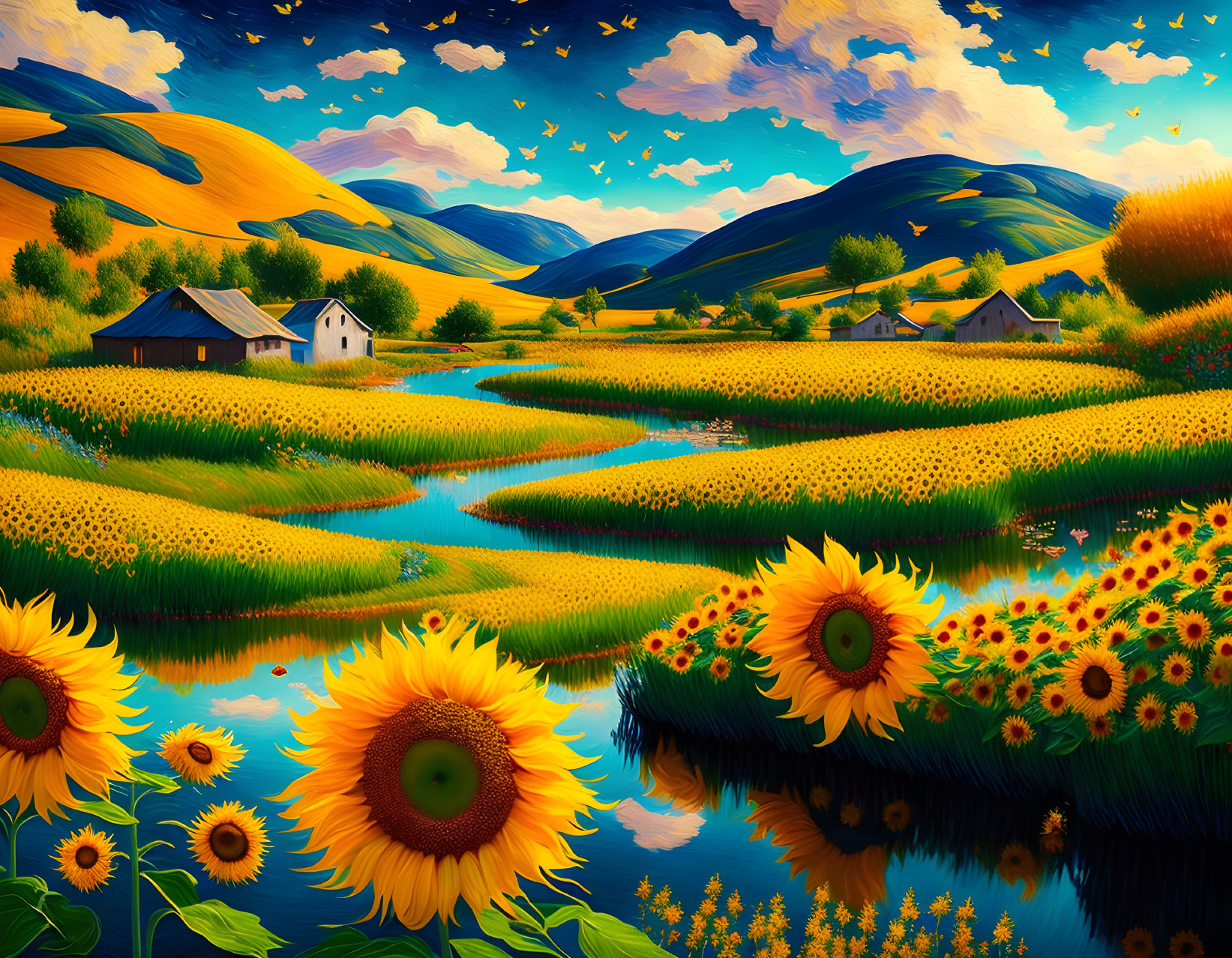 Scenic landscape painting with sunflowers, river, hills, cottages, and birds