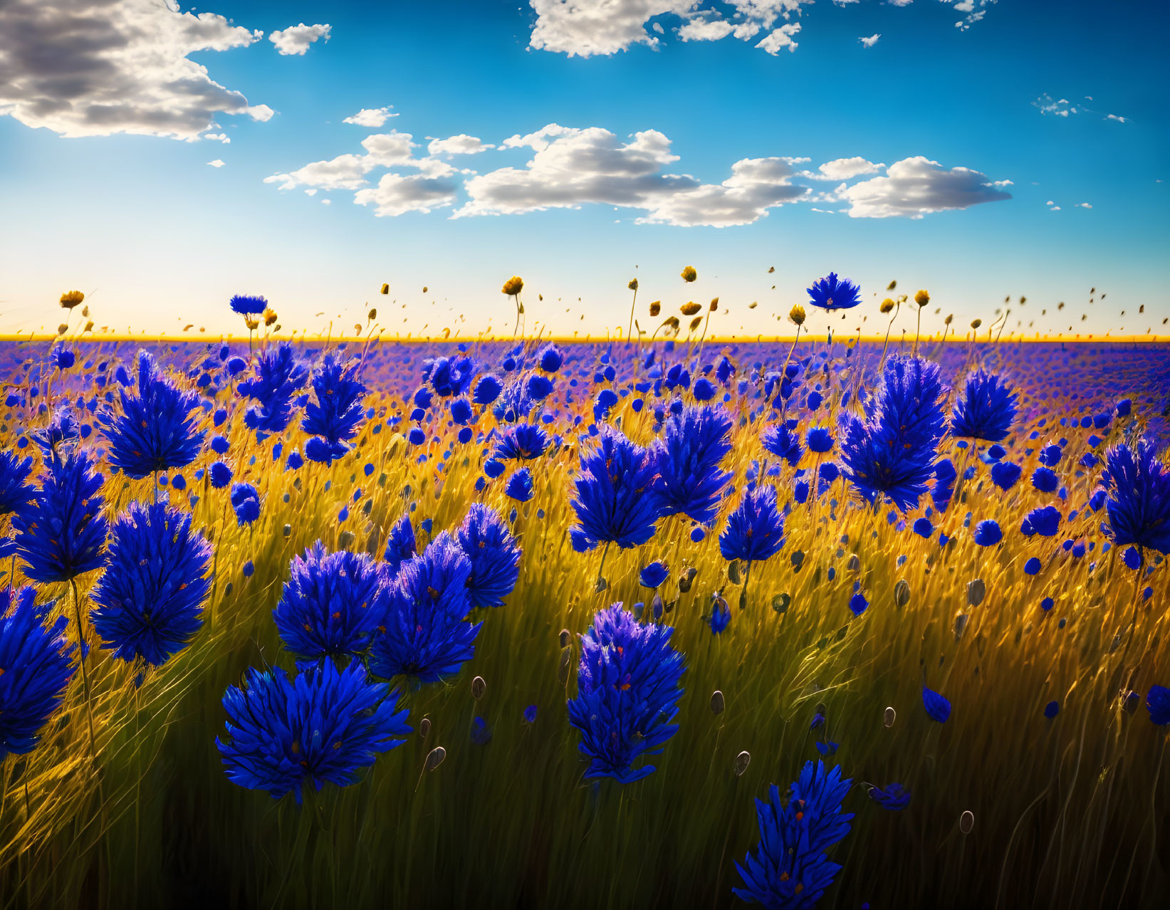 Colorful Blue and Purple Flower Field Under Dramatic Sky