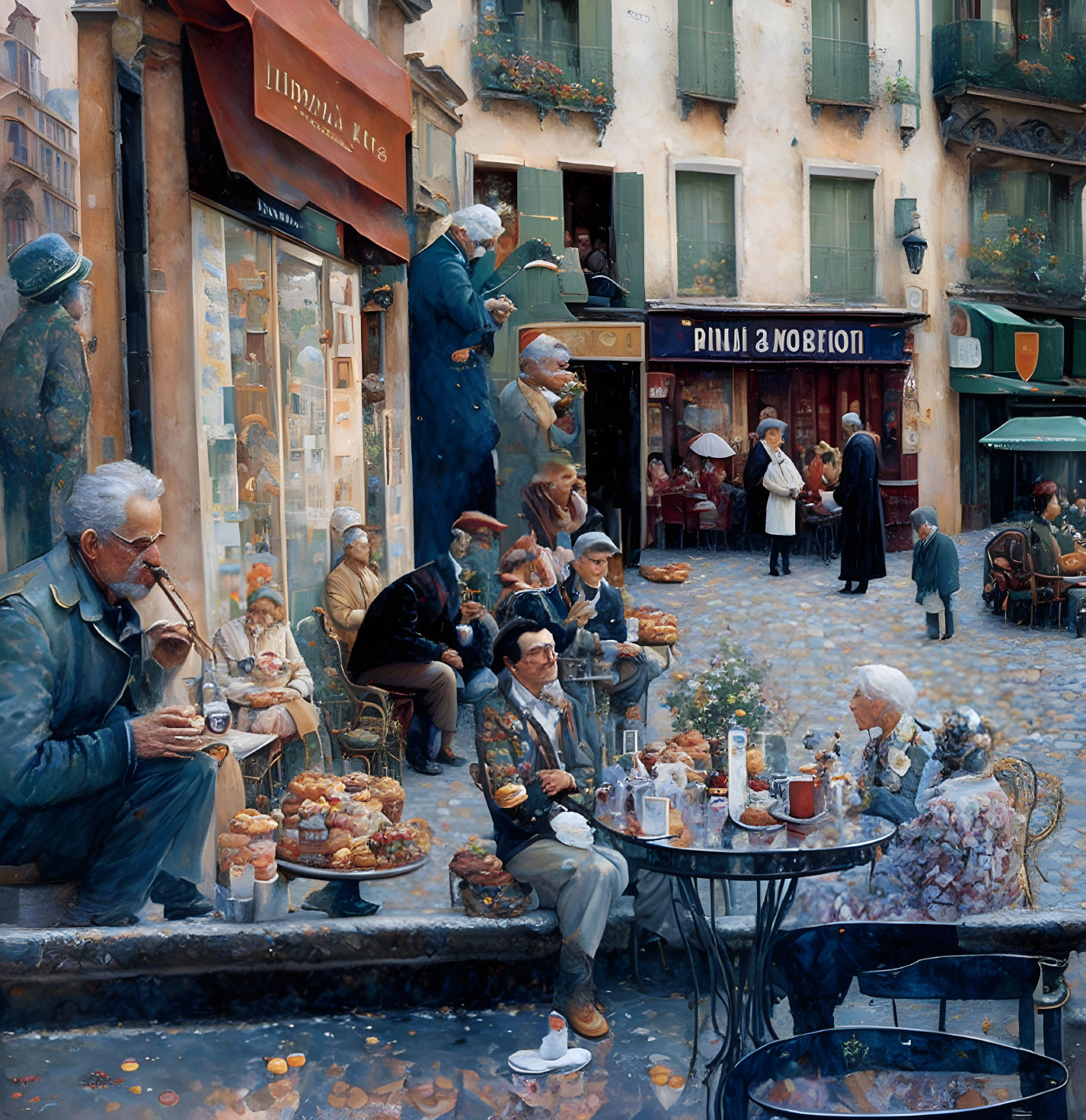 Outdoor Street Café Scene with Cobblestone Street, Bookstore, Pastries, and Flowers