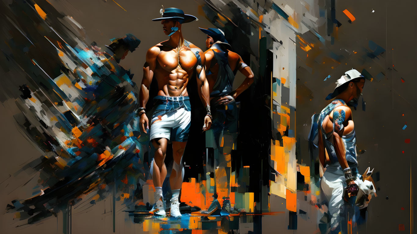 Stylized artwork of three muscular men with hats in colorful brushstrokes