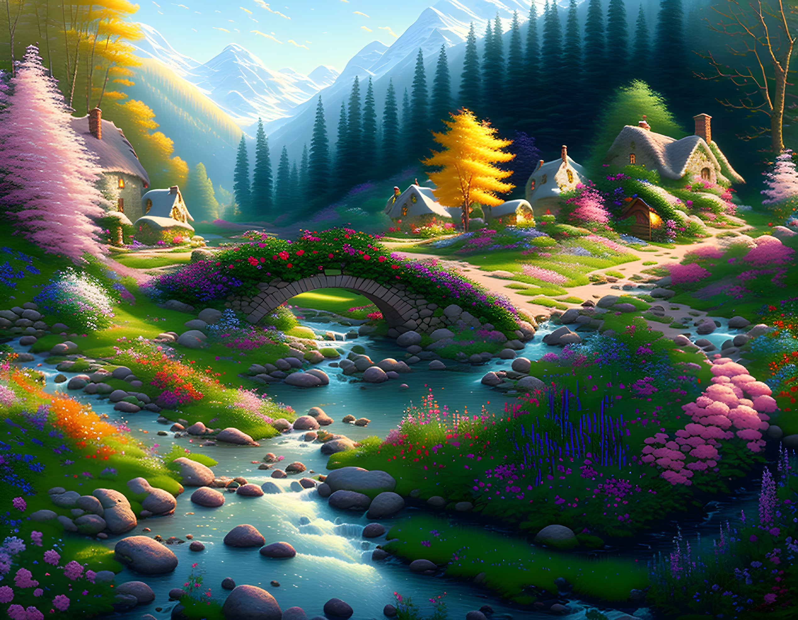 Colorful fantasy landscape with cottages, stone bridge, and mountains in golden light