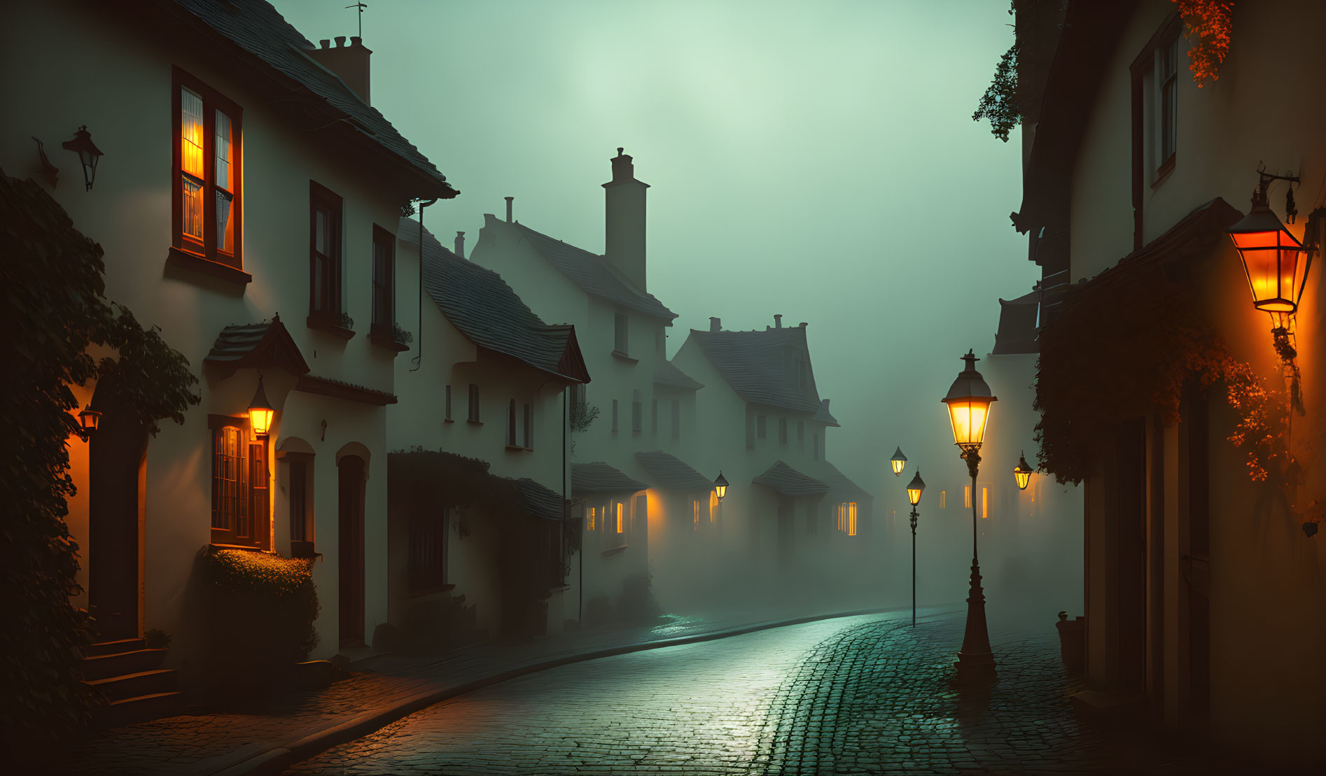 Foggy night lit by street lamps