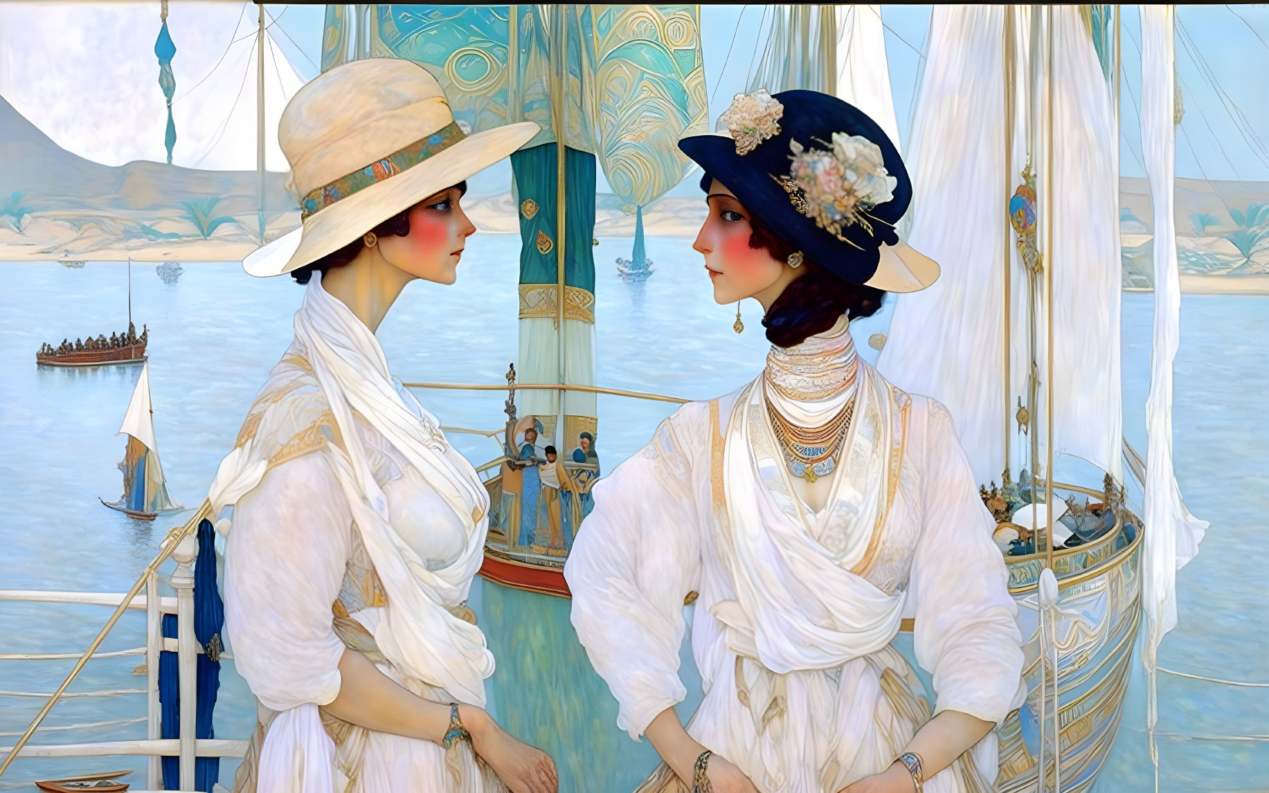 Elegantly dressed women with wide-brimmed hats by serene sailboats