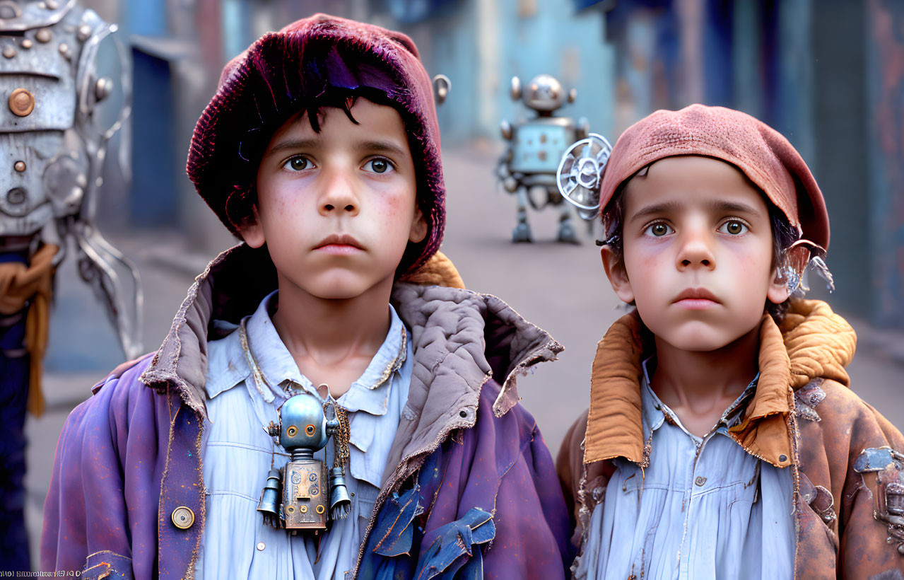 Children with worried expressions and robots in futuristic setting
