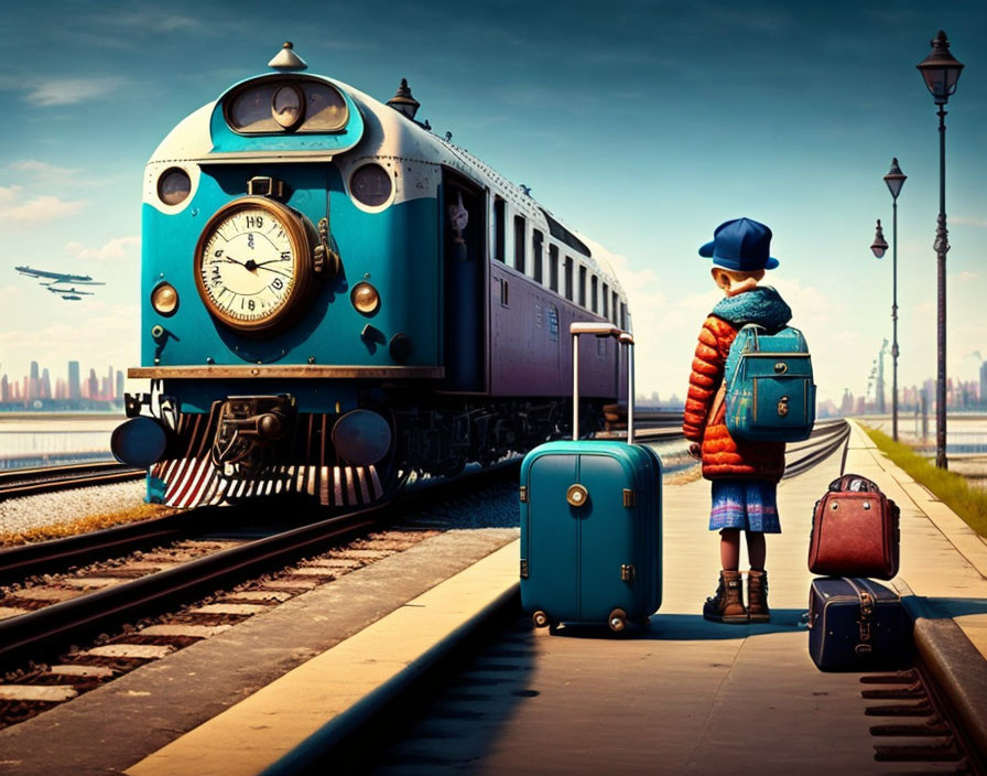 Child with backpack watching vintage blue train on platform.