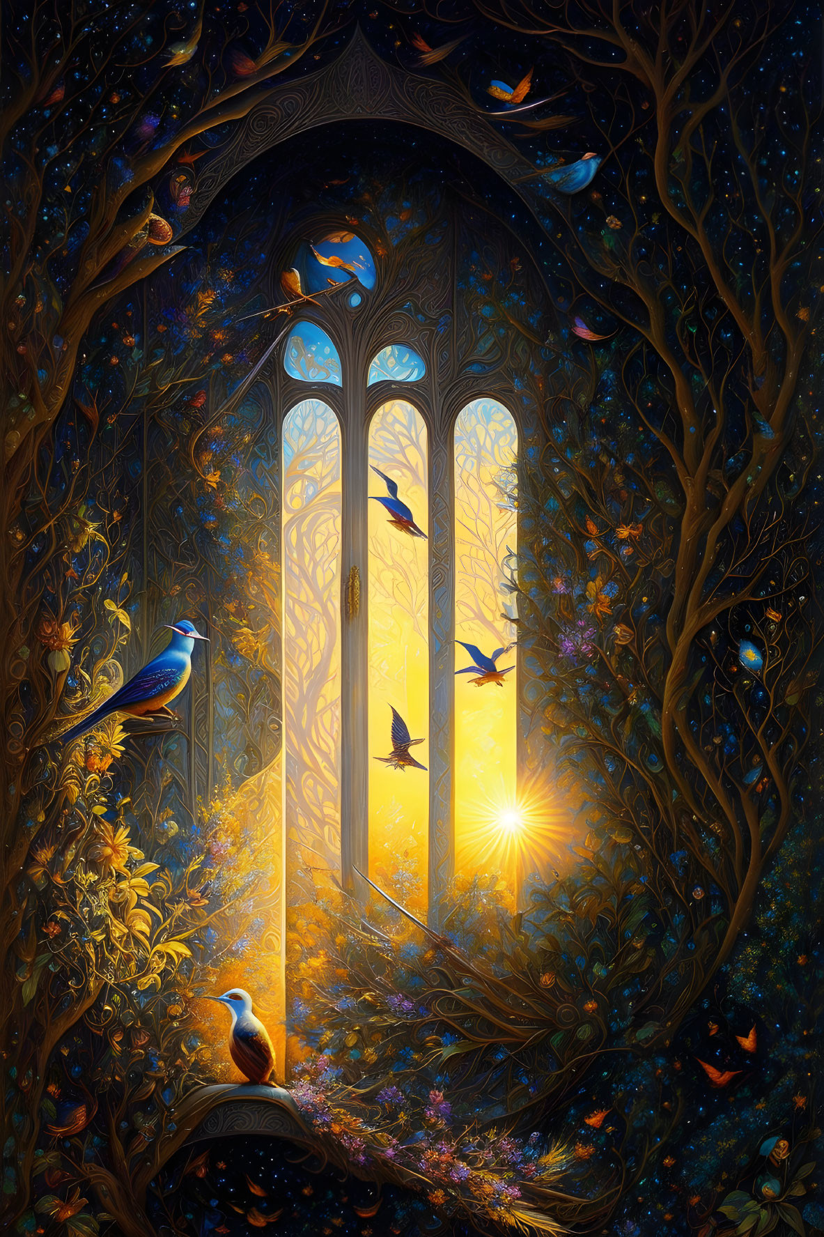 Mystical forest and gothic window scene with sunset and birds