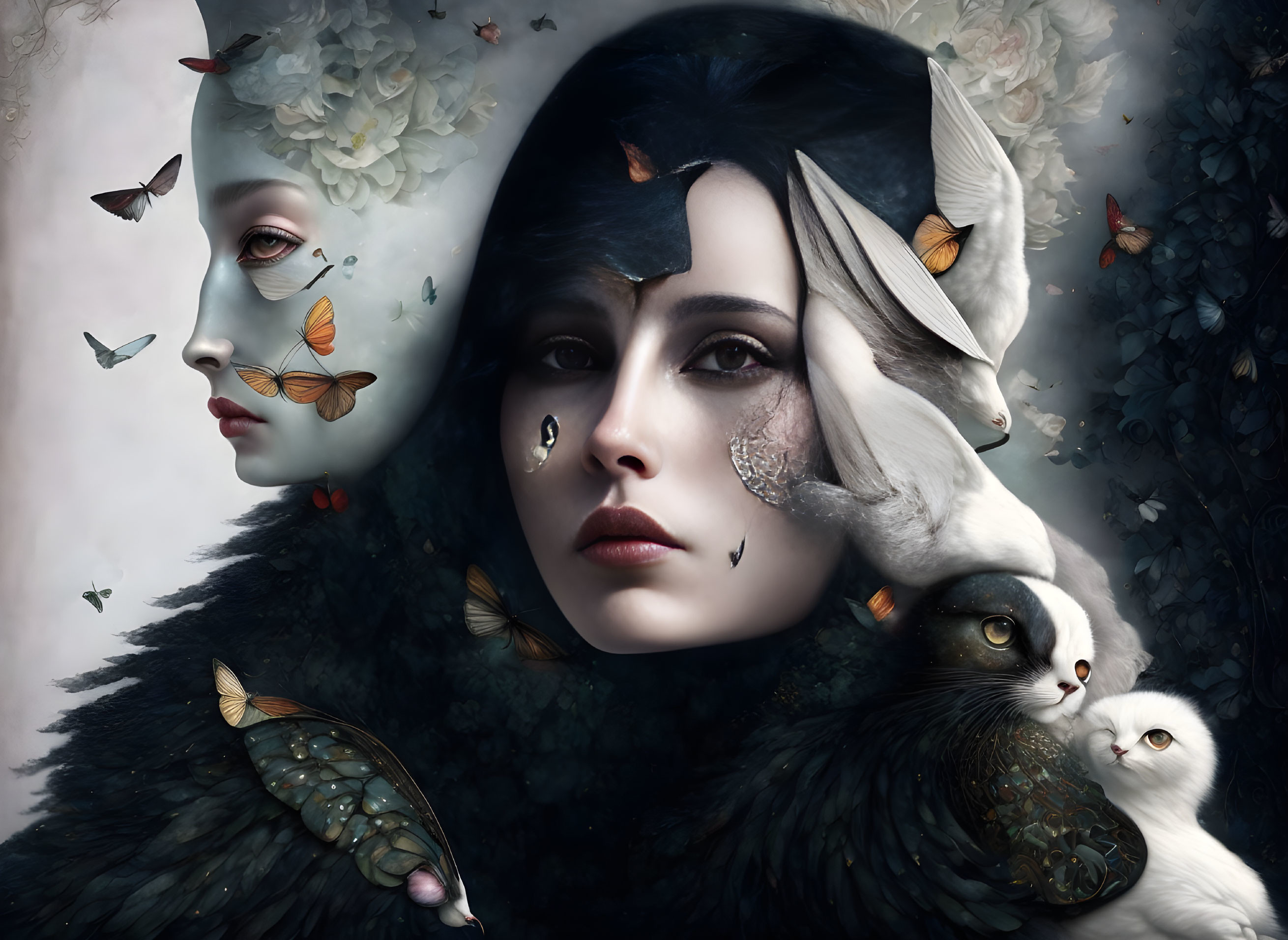 Surreal portrait of woman with split visage merging with cat's face surrounded by butterflies