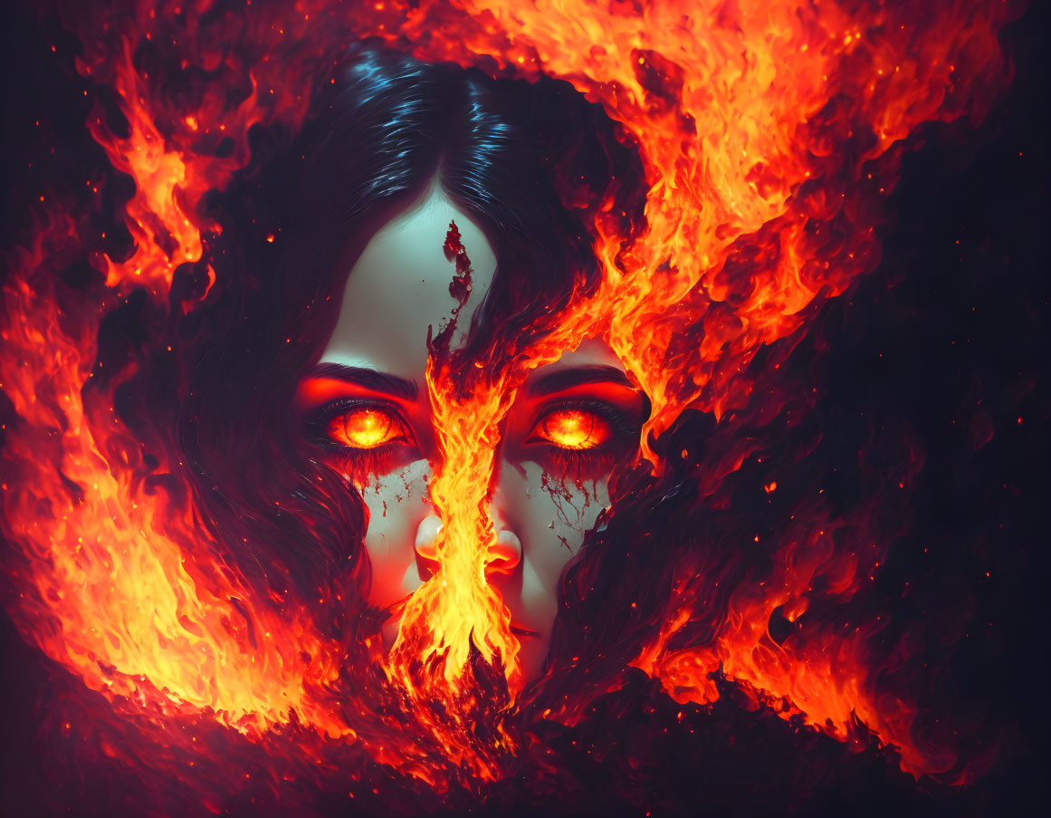 Portrait of a person with fiery red eyes surrounded by swirling flames