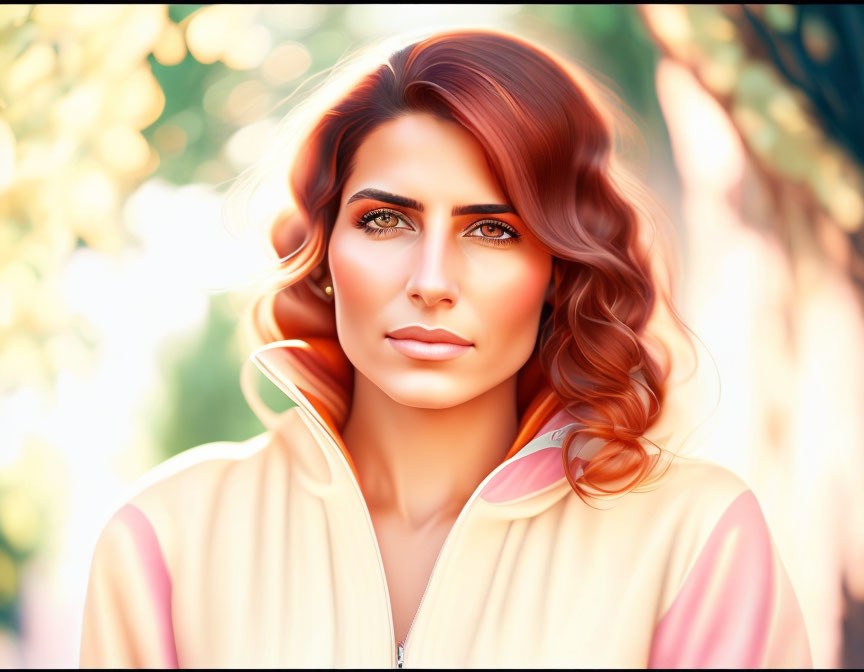 Digital illustration: Woman with green eyes and auburn hair on warm bokeh background