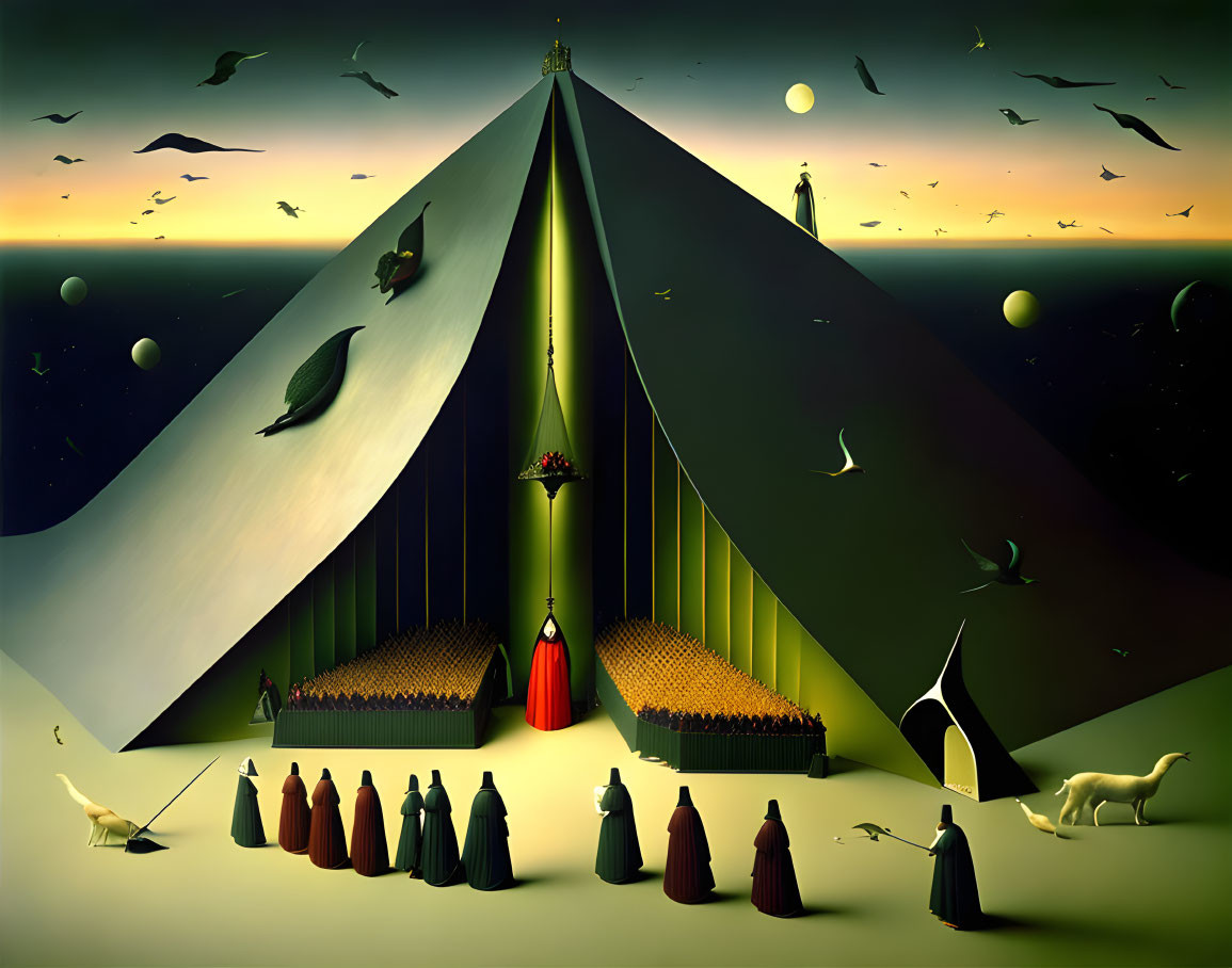 Surreal painting: robed figures, dog, birds, pyramid, light beam, orbs in