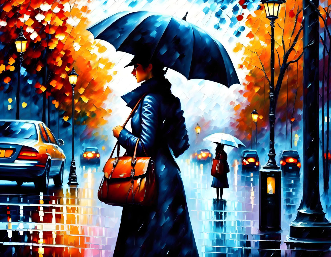 Colorful city street painting: Woman with umbrella in rain
