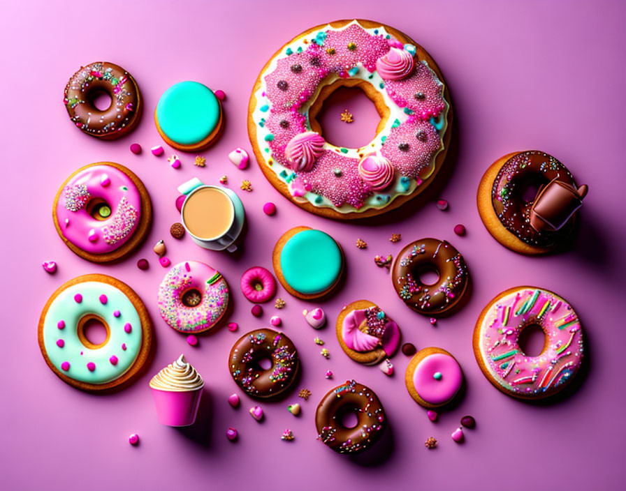 Assorted colorful donuts with sprinkles, candy, and coffee on purple background
