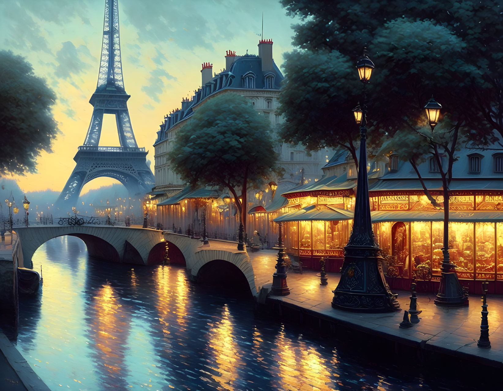 Romantic Parisian scene at twilight with Eiffel Tower, illuminated street lamps, river, and