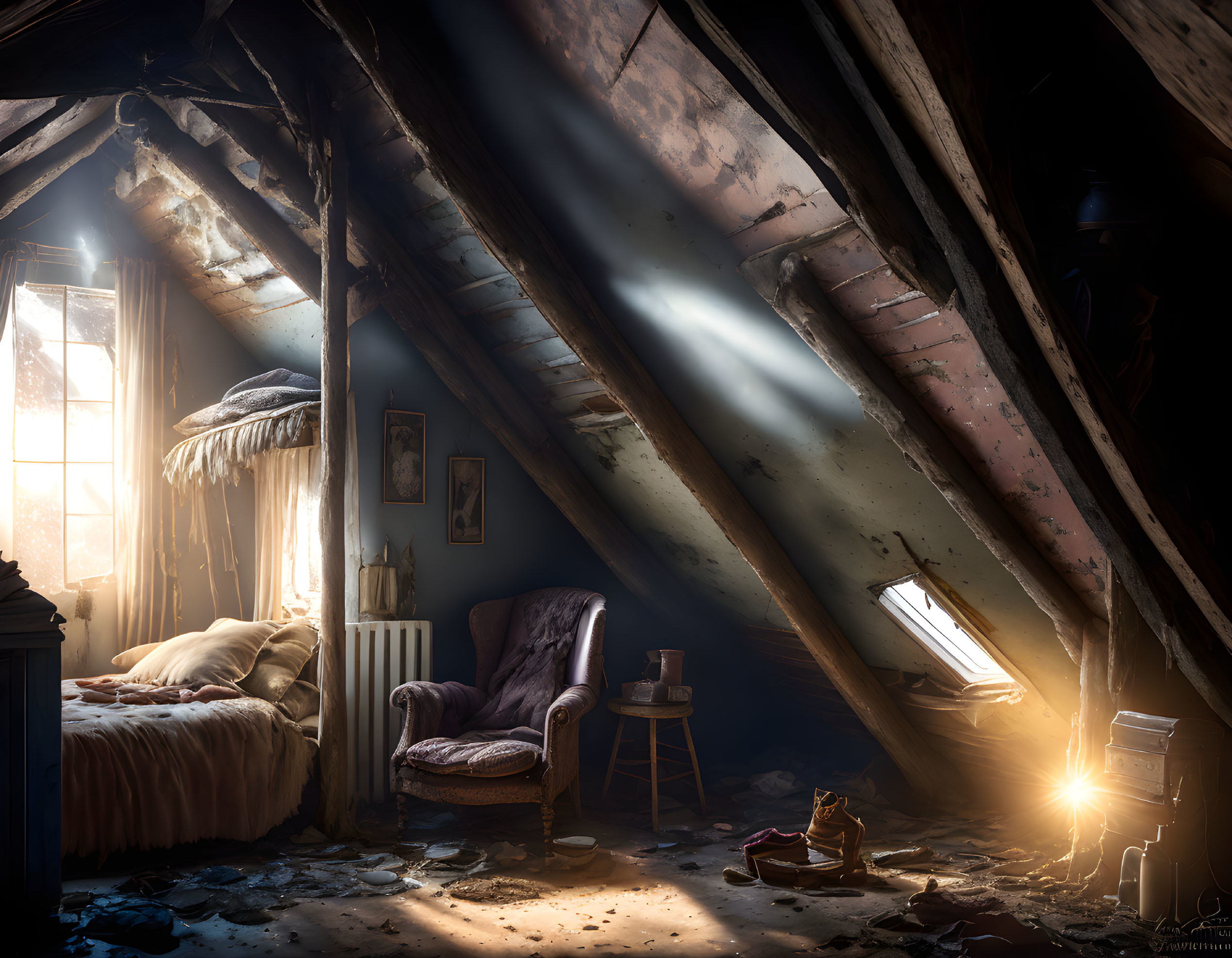 Cozy attic room with bed, armchair, wood stove, and sunlight rays