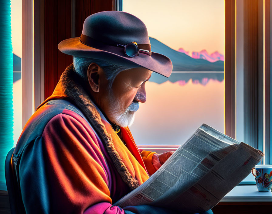 Elderly man with beard reading newspaper at sunset window view