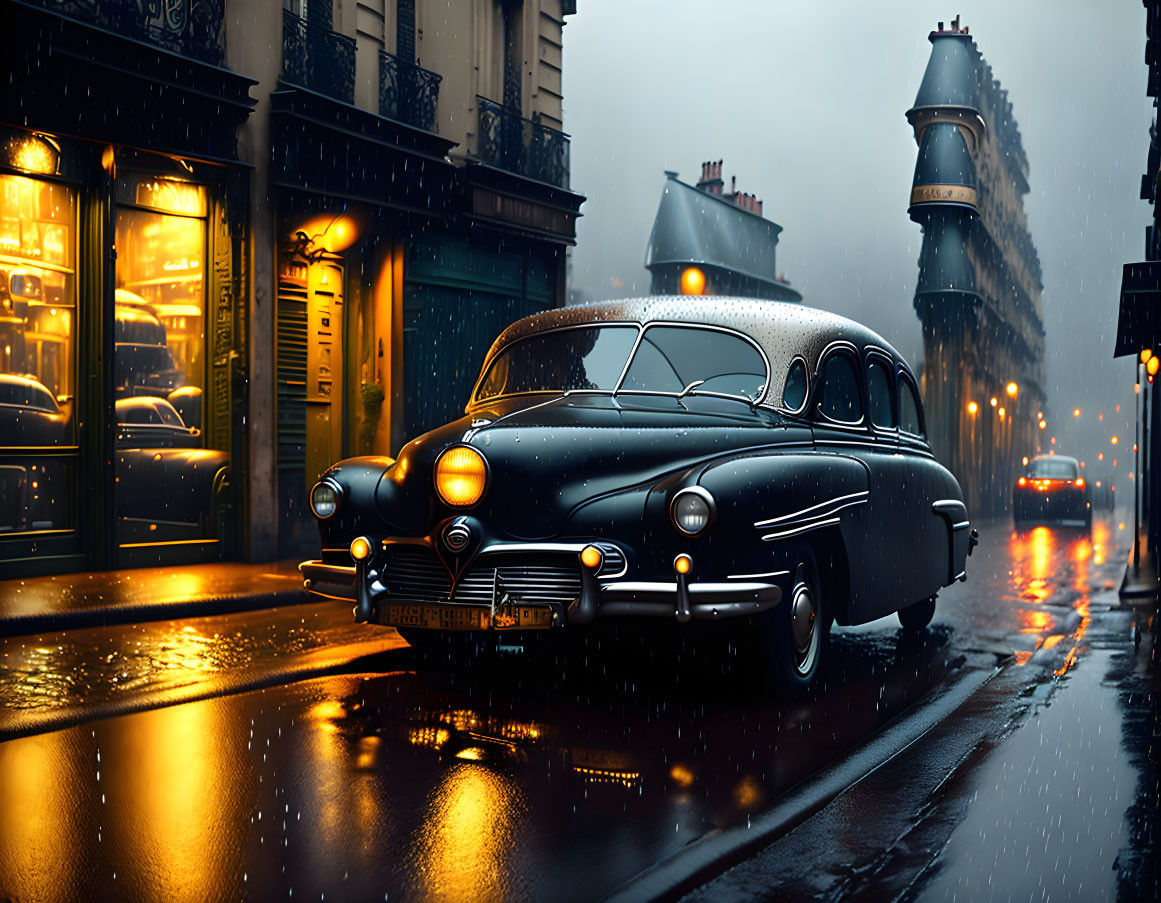 Vintage Car Parked on Rainy Paris Street at Twilight