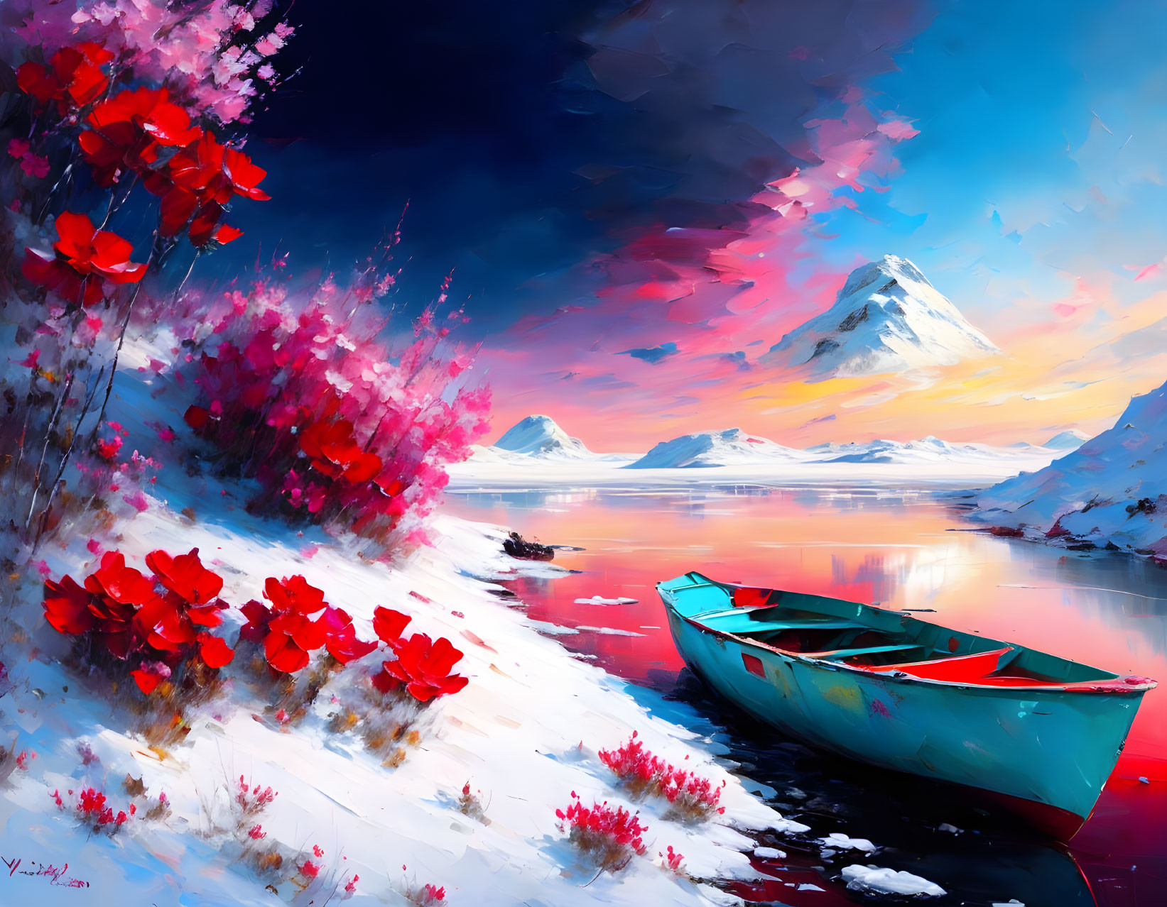Colorful painting of blue boat on snowy shore with pink trees, red trees, and snow-capped