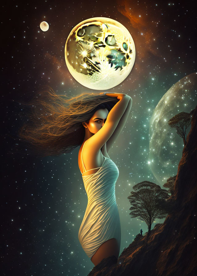 Woman in white dress on hillside under night sky with celestial bodies.