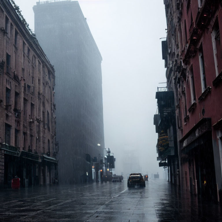 Desolate city street in rain with lone car, wet surfaces, and fading buildings.