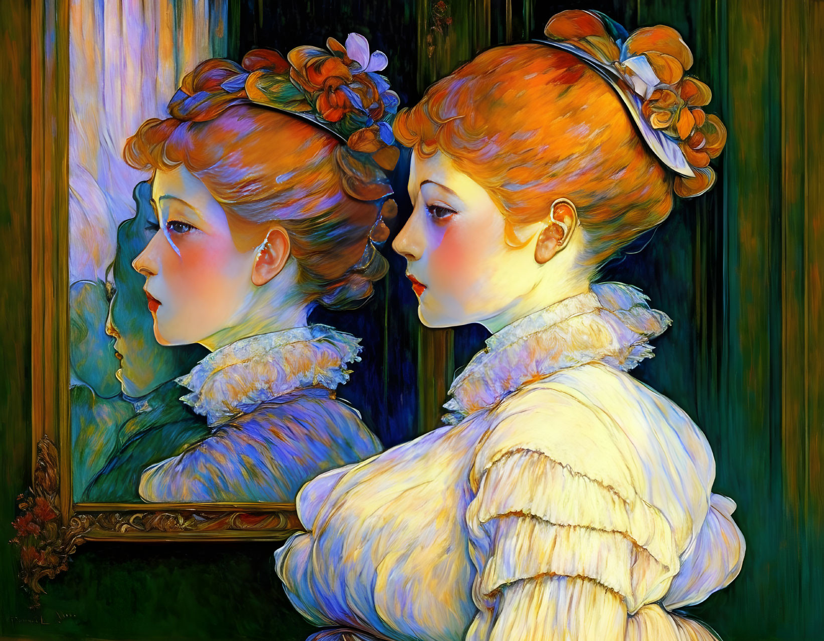 Red-haired woman with floral hair adornments contemplates mirror reflection
