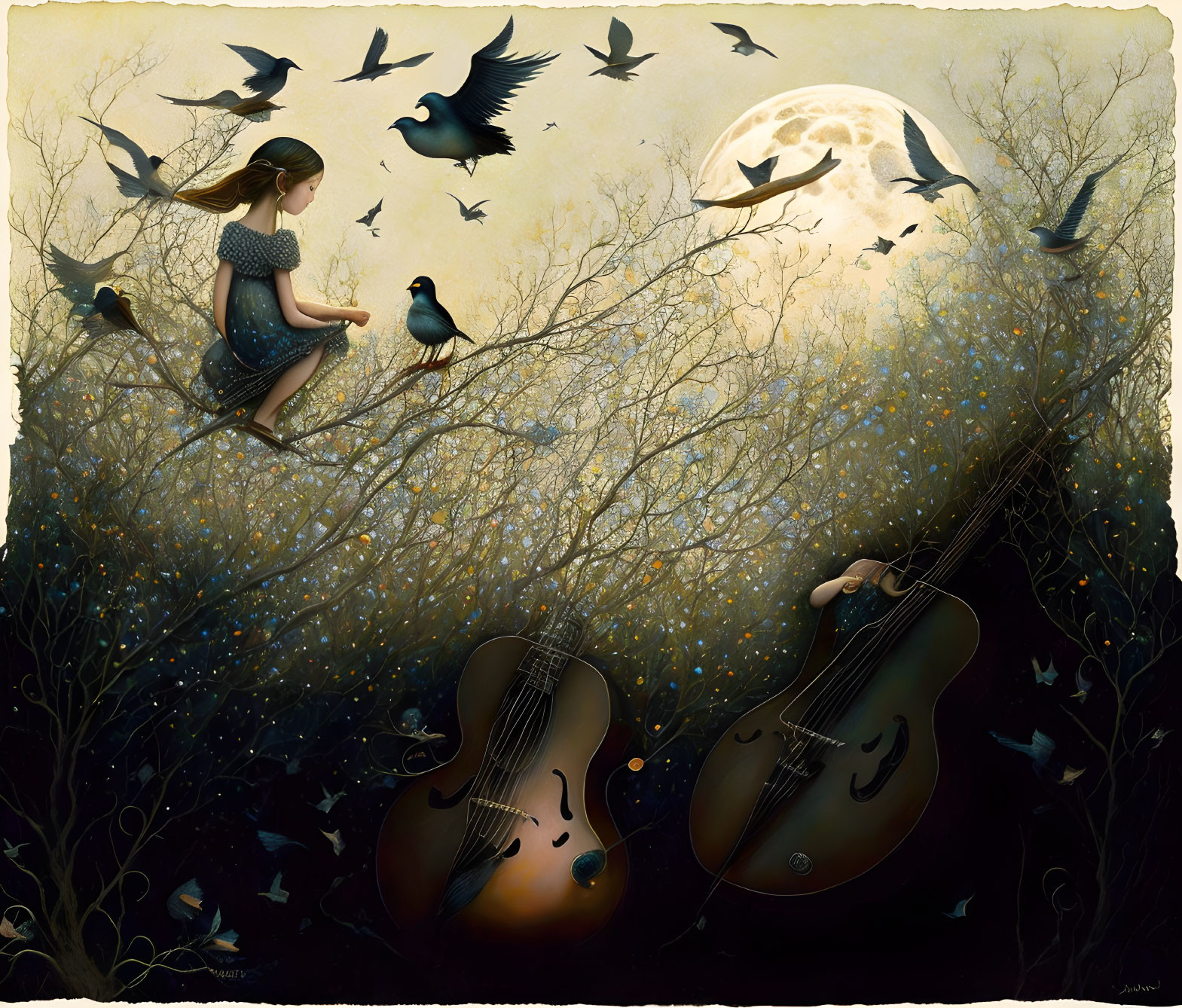 Whimsical artwork of girl on branch with musical instruments and birds
