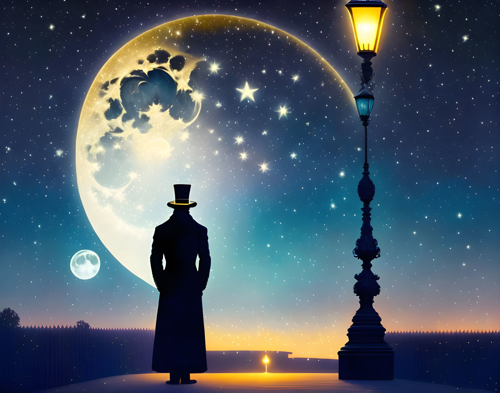Person in Top Hat Silhouette with Crescent Moon and Stars at Twilight