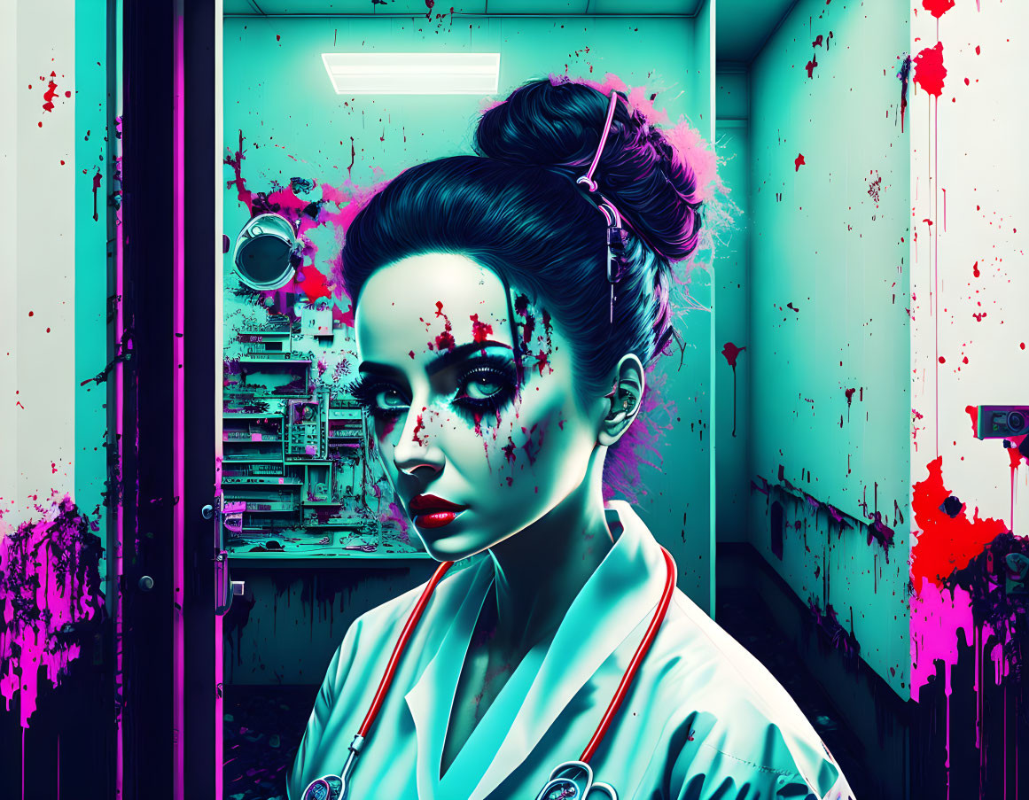 Illustration of Intense Woman in Lab Coat with Blood Splatters