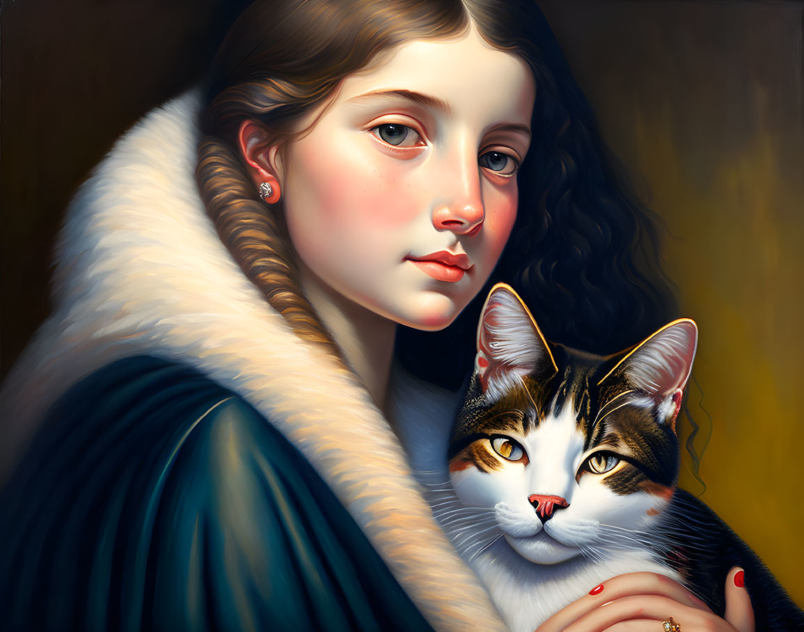 Young girl with braided hair holding calico cat in fur-trimmed cloak