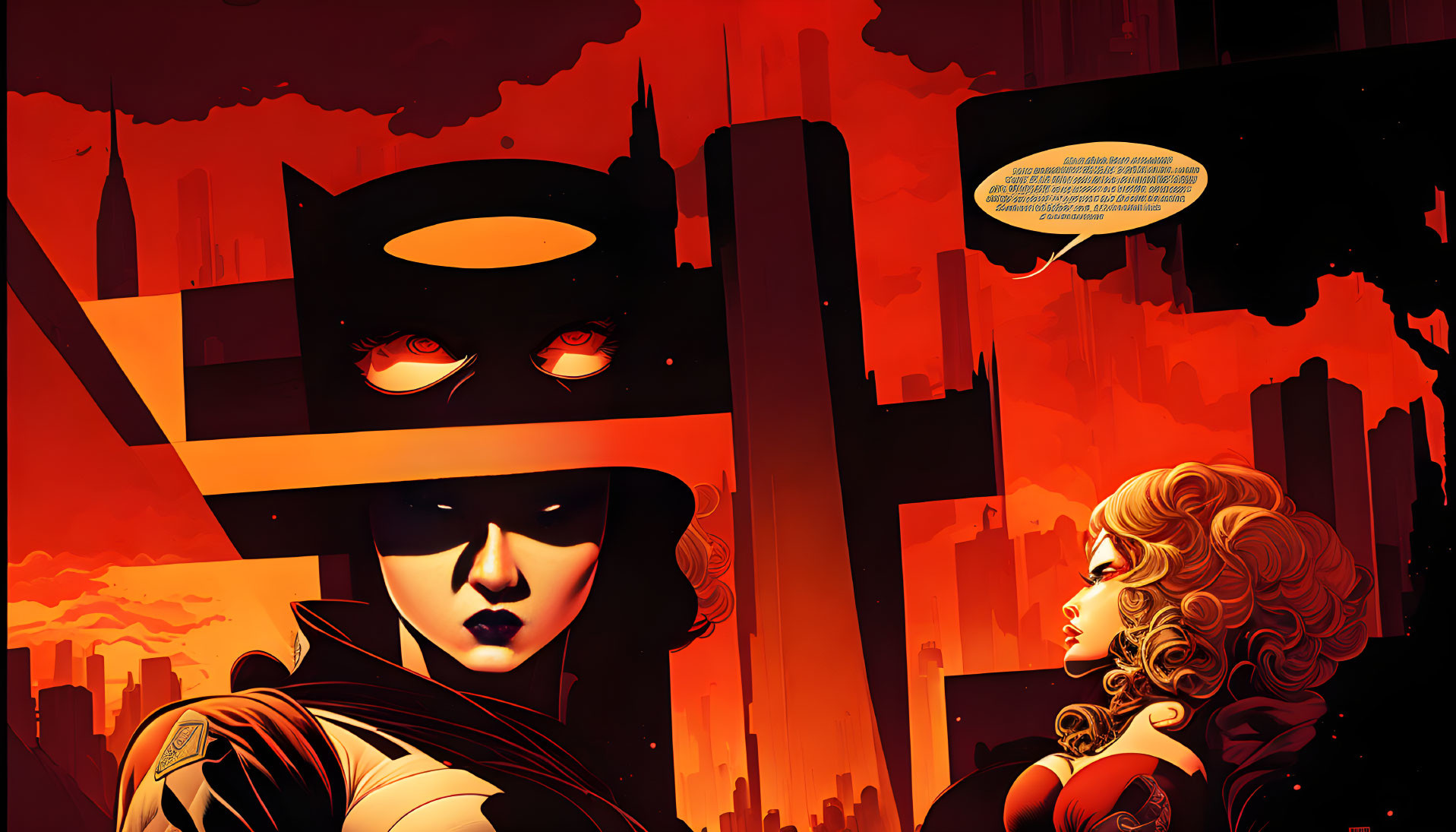 Comic book illustration: superhero character with mask and cape, alongside a blonde character, set in a red