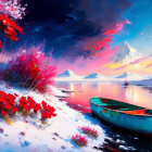 Colorful painting of blue boat on snowy shore with pink trees, red trees, and snow-capped