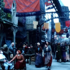 Medieval market scene with villagers, colorful stands, cobblestone streets, and castle backdrop at twilight