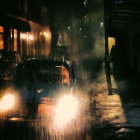 Toy car racing on dimly lit street with blurred vehicles in background