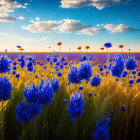 Colorful Blue and Purple Flower Field Under Dramatic Sky