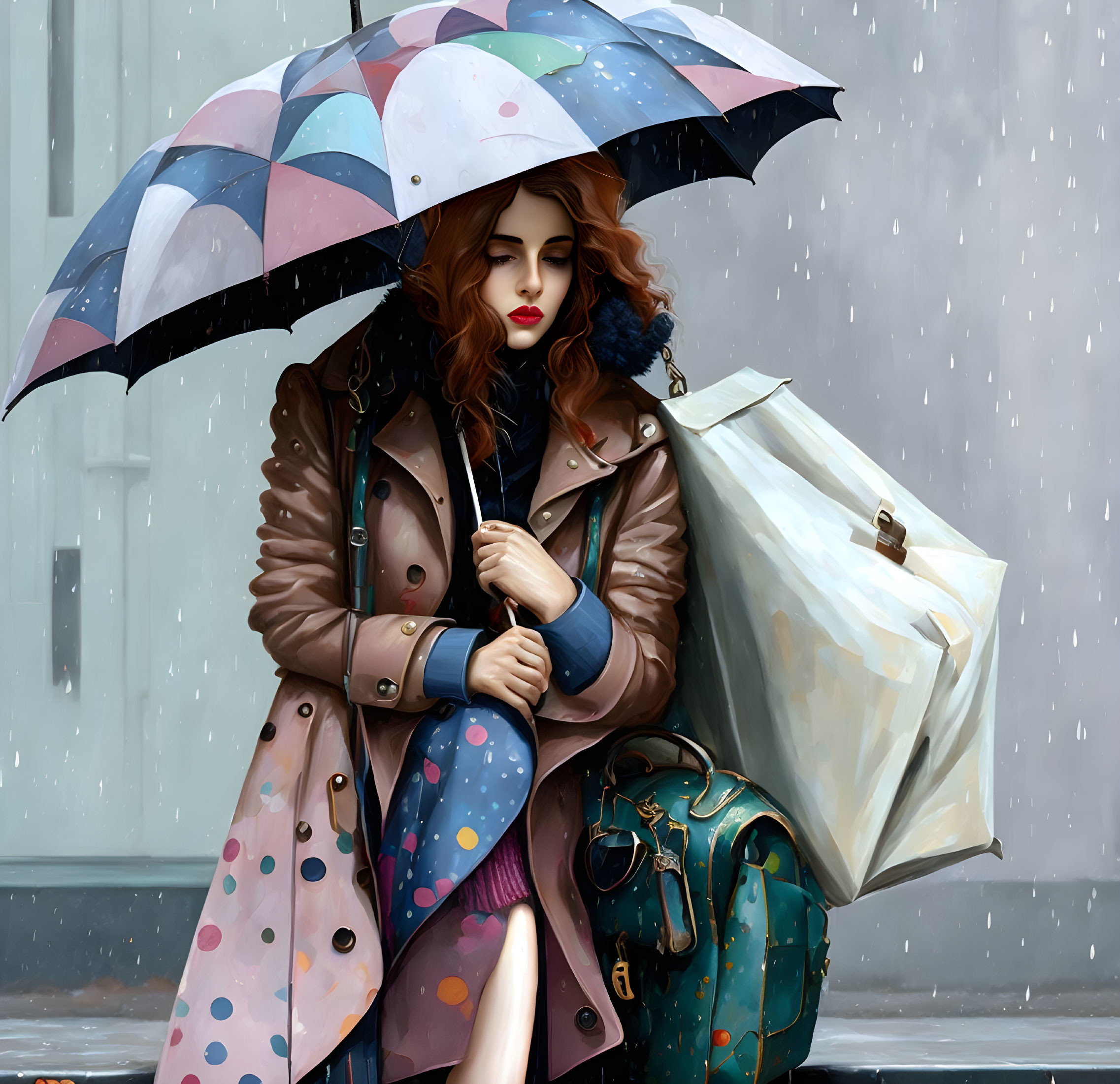 Red-haired woman under colorful umbrella in brown coat with beige tote in rain