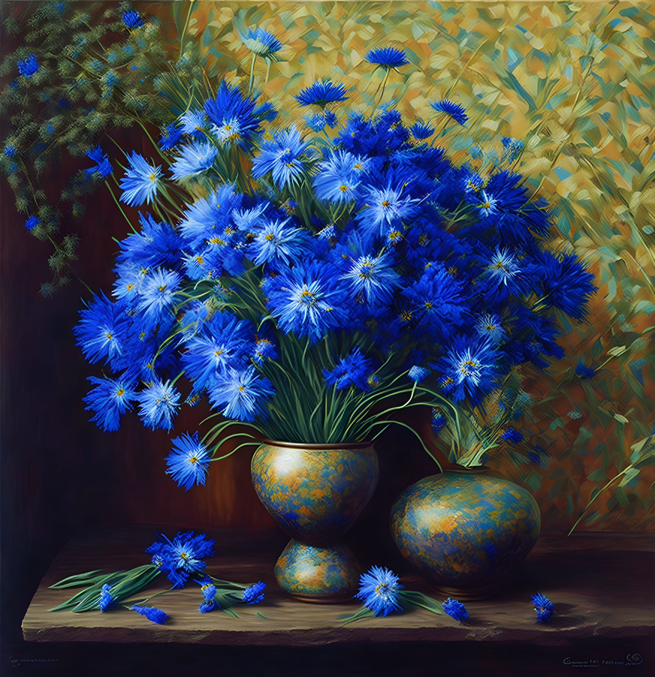 Vibrant blue flowers in ornate vases on wooden surface