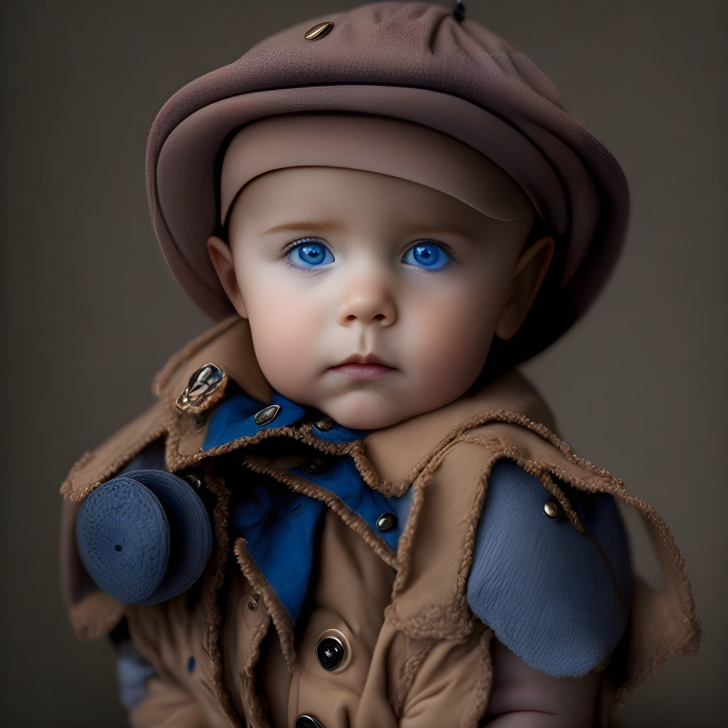 Toddler with Blue Eyes in Brown Flat Cap and Tan Coat