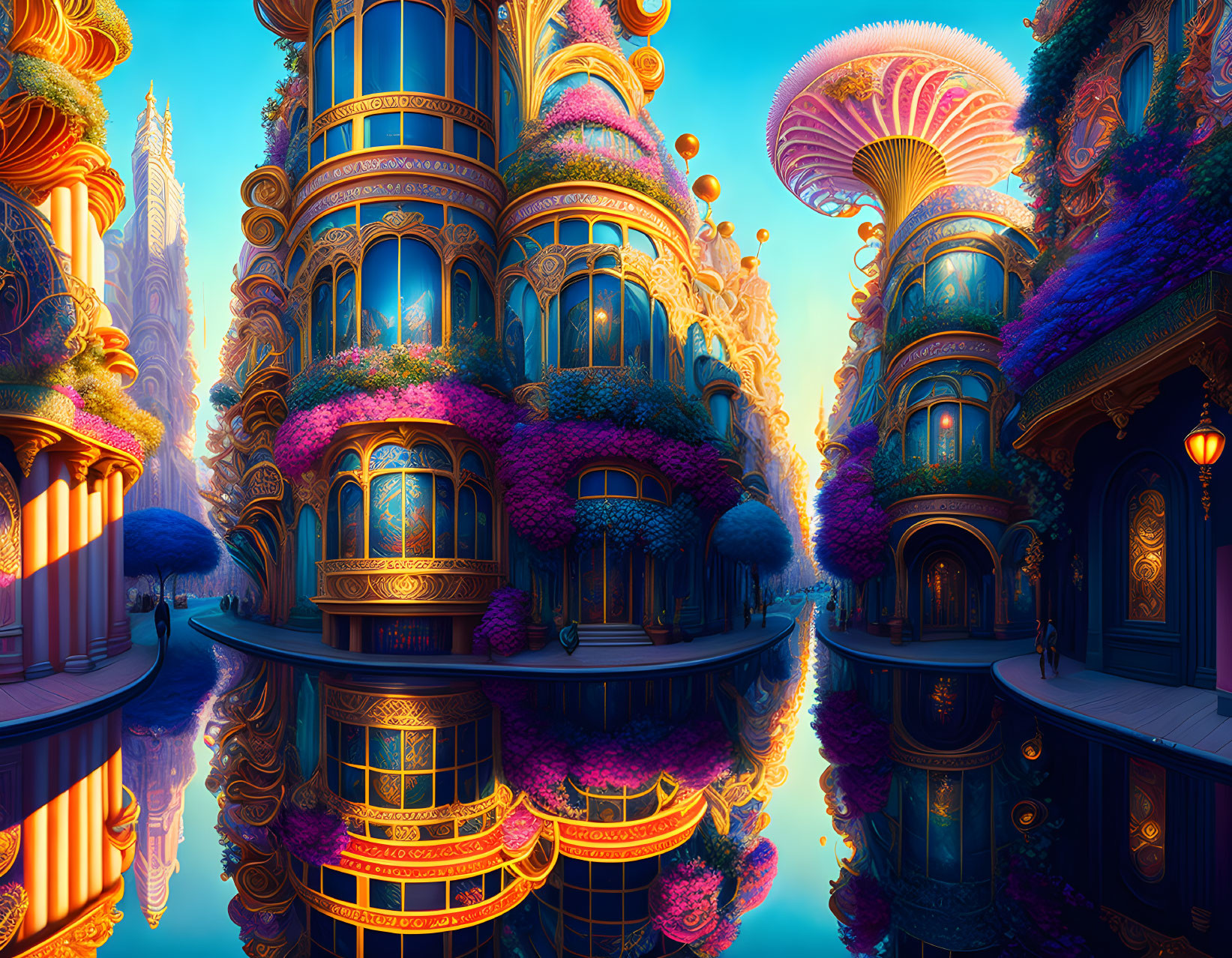 Fantastical cityscape with golden-trimmed buildings and mushroom-like structures reflected in water