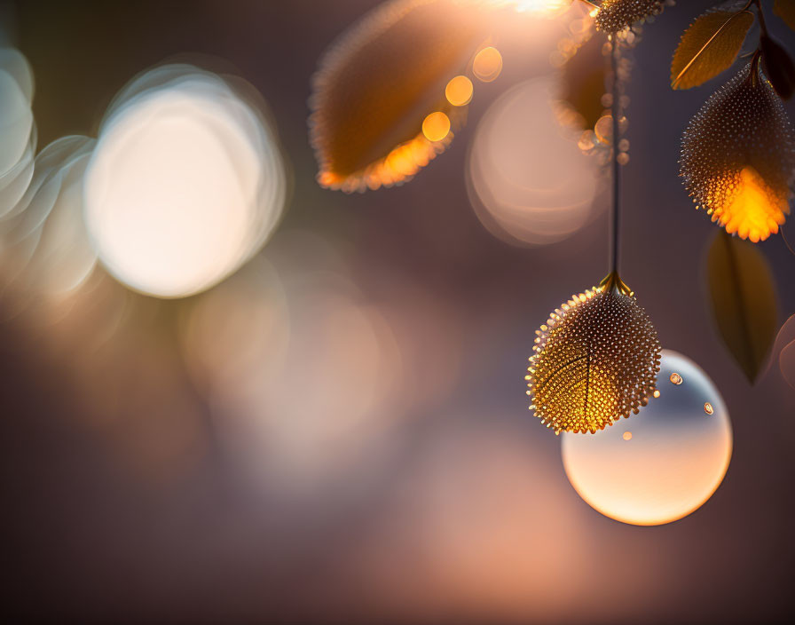 Morning Dewdrops on Backlit Leaves with Dreamy Bokeh Sunrise