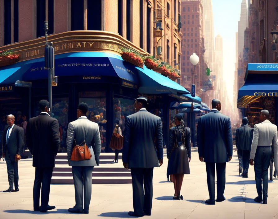 Cityscape with men in suits walking by elegant buildings and shops