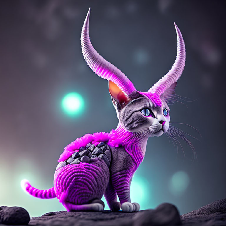 Purple-striped cat with curved horns and vibrant eyes in mystic setting