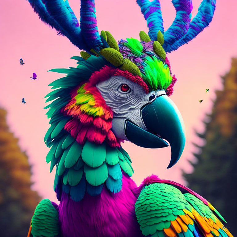 Colorful Parrot Digital Artwork on Pink Sky Background