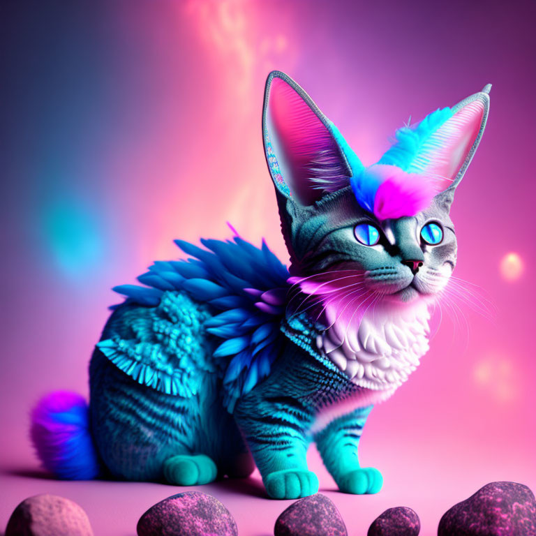 Colorful digital artwork: Blue-furred cat with feather textures on vibrant, multicolored background