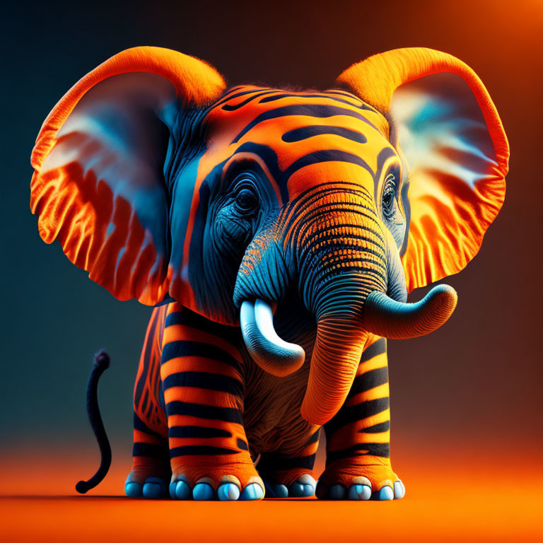 Colorful Digital Artwork: Elephant with Tiger Stripes on Orange Background