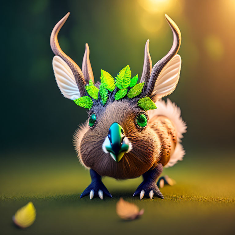 Fantastical creature with antlers, leafy ears, and feathers in nature