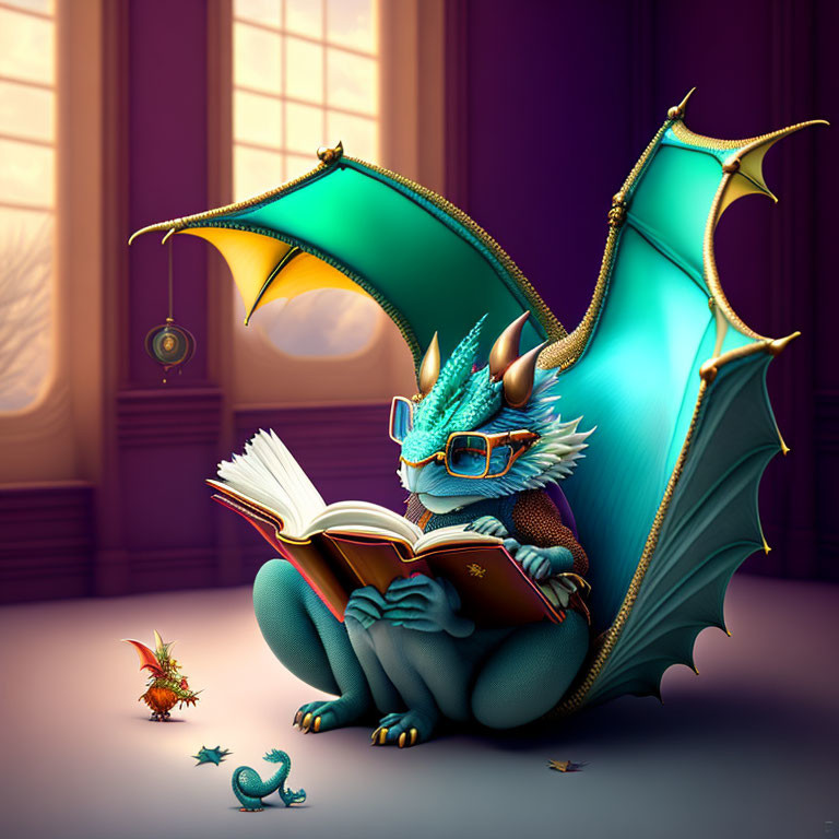 Illustration of blue dragon reading book with tiny dragons in purple room