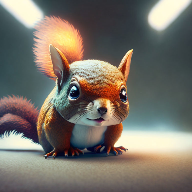Digitally-created cute squirrel with expressive eyes and bushy tail under warm lighting