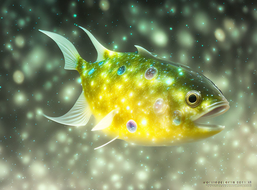 Speckled Yellow-Green Fish Swimming in Sparkling Underwater Background