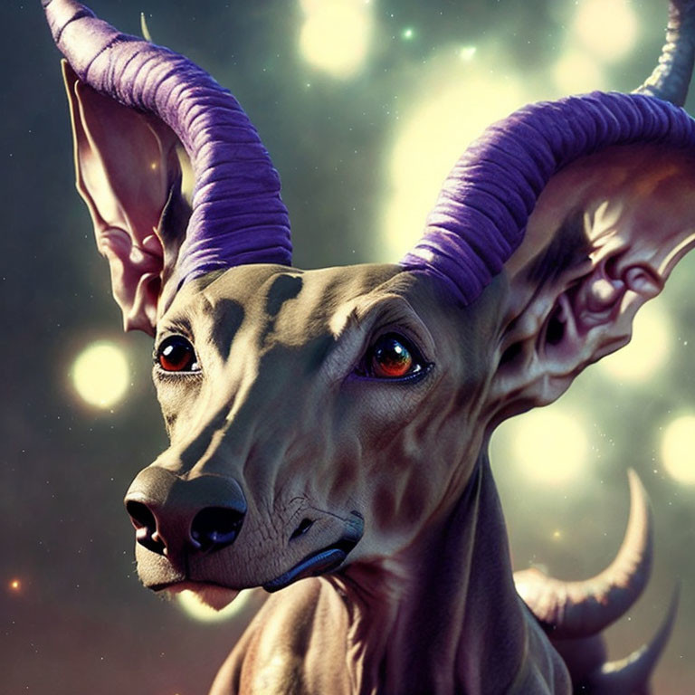 Digital Art Creature with Dog Face and Purple Twisted Horns on Bokeh Light Background